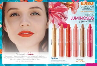 Crayon Labial 2,5 g
A $199c/u
#12659BeigeNacré
#10134PartaitRoseClair
#10758TangerineIntense
#11497CorailDoux
#12153SableDoré
#08958RoseSorbet
Colorea tus labios
El producto indispensable para tu cosmetiquera. Embellece
y da una apariencia irresistible a tus labios con este Crayón Labial
que los hidrata al mismo tiempo que los viste
con un color espectacular.
Labios
luminosos
e irresistibles
Nueva
colección
Verano 2015
inspirados en la naturaleza
Edición limitada
Tip de uso:
¡No necesita sacapuntas!
Su punta retráctil te asegura
siempre una aplicación precisa.
LANZAMIENTO 76
 