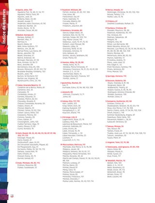 130
A Agard, John, 120
Aguilera, Flor, 14, 46, 51, 54, 111
Aguilera, Marco Tulio, 95
Agustín, José, 55
Ahlberg, Allan, 24, 80
Akveld, Joukje, 11
Andersen, Hans Christian, 41, 90
Anderson, Rachel, 24
Antón, Rocío, 12, 16
Arístides, César, 48, 60
B Badiel, Georgie,23
Barajas, Rafael, 21
Barnett, Mac, 71
Barroux, 6
Basch, Adela, 34
Behl, Anne-Kathrin, 117
Benton, Jim, 29, 86
Bernal Pinta, Luis Darío, 48
Berne, Jennifer, 118
Bialet, Graciela, 21
Bierce, Ambrose, 56
Birmajer, Marcelo, 47, 59
Boie, Kirsten, 33, 38, 51
Boni, Jennifer, 69
Bornemann, Elsa, 85, 106
Brozon, Mónica B., 20, 81, 101, 112
Brubaker Bradley, Kimberly, 103
Bryant, Jane, 118
Burton, Sir Richard, 107
Burton Lee, Virginia, 36
Butterworth, Chris, 23, 118
C Cabal, Graciela Beatriz, 12
Calderón de la Barca, Pedro, 61
Cameron, Ann, 35
Canizales, 19
Carballido, Emilio, 31
Carrera, Eduardo, 72
Casillas, Martín, 62, 63
Chavelas, Rosalía, 6
Chávez Castañeda, Ricardo, 93
Chéjov, Anton, 41
Chimal, Alberto, 33
Chimal, Carlos, 52, 62, 104
Cohen-Janca, Irène, 120
Colasanti, Marina, 94
Comino, Sandra, 29
Cross, Gillian, 31
Crossingham, John, 120
Cuéllar Serrano, Olga, 72
Cueto, Mireya, 21, 82
Curtis, Richard, 79
D Dahl, Roald, 29, 35, 43, 46, 53, 58, 87, 97, 98, 	
105, 111, 113
Danziger, Paula, 85
Darío, Rubén, 41
De Brunhoff, Jean, 24, 81
De Cervantes Saavedra, Miguel, 62
De Maupassant, Guy, 41
De Santis, Pablo, 35, 58, 112, 113
Dehesa, Juana Inés, 79
Dietl, Erhard, 20
Dresser, Elena, 30, 72
Durrell, Gerald, 45
E Ende, Michael, 46, 82, 112
Erdman, Roxanna, 98
Espejo, Guadalupe, 22
F Faulkner, William, 89
Ferrari, Andrea, 45, 95, 101, 106
Fine, Anne, 86
Fleischman, Sid, 97
Fleiss, Gabriela, 15
Forcada, Alberto, 80
Frazee, Marla, 71
Friedrich, Joachim, 86
G Gambaro, Griselda, 80
García, Edgar Allan, 30
Garland, Inés, 54, 58, 112
Garrido, Felipe, 90, 103, 114
Gay, Marie-Louise, 118
Gedovius, Juan, 10, 61, 72, 82
Gisbert, Joan Manuel, 98
Gleeson, Libby, 14
Goscinny, René, 37, 95
Granados, Antonio, 12
Grill, William, 40
Grimm, Jacob y Willhelm, 90
Gripe, Maria, 93
H Hanlon, Abby, 19, 28, 88
Heald, Anita, 16, 75
Heredia, María Fernanda, 41
Hinojosa, Francisco, 16, 21, 25, 43, 81, 89
Hinton, S. E., 51, 54
Hochschild, Adam, 15
Hodgson Burnett, Frances, 107
Homar, Jaime, 51
I Ignotofsky, Rachel, 45
Isol, 71
Iturralde, Edna, 32, 94, 98, 103, 108
J Janosch, 80
Johnson, Crockett, 13, 71
Joma, 82
K Kelsey, Elin, 117, 119
Kerr, Judith, 103
King-Smith, Dick, 26
Kipling, Rudyard, 107
Konigsburg, E. L., 97
Koyczan, Shane, 119
L L’Arronge, Lilli, 8
Lagercrantz, Rose, 23, 79
Laidlaw, Rob, 119
Leprince de Beaumont, Marie, 107
Leveroni, Gabriela, 82
Lindo, Elvira, 26
Lobel, Arnold, 16, 79
López, Fernando, J., 50
López Narváez, Concha, 25
Loufane, 71
Lovecraft, H. P., 113
M MacLachlan, Patricia, 117
Machado, Ana Maria, 9, 12, 76, 86
Malpica, Javier, 38
Malpica, Antonio, 39, 55, 61, 111
Maquieira, María Fernanda, 103
Mariño, Ricardo, 39, 42
Martín del Campo, David, 31, 36, 43, 59, 81, 	
88, 104
Mattick, Lindsay, 27
McCoy, Glenn, 20
McKee, David, 61
Meng, Cece, 10
Molina, María Isabel, 47
Molina, Silvia, 85
Montaña, Francisco, 101
Montes, Graciela, 7
Muñoz Ledo, Norma, 30, 42, 101, 114
N Nervo, Amado, 41
Nöstlinger, Christine, 34, 93, 102, 104
Novoa, Teresa, 7, 75
Núñez, Lola, 12, 16
O O’Henry, 41
Ordóñez Cuadrado, Rafael, 25
P Pacheco, Cristina, 89
Paredes, Mauricio, 26, 89
Paterson, Katherine, 40, 101
Paz, Octavio, 60
Pedrozo, Sebastián. 36
Pelayos, 76
Pelegrín, Ana, 90
Pérez, Luis Bernardo, 98
Pérez-Reverte, Arturo, 62
Pescetti, Luis María, 32, 34, 37, 49, 59, 60, 75,
85, 88, 95, 96, 98, 102, 108
Peters, Marilee, 49
Pettersson, Aline, 80, 82, 93
Peyron, Gabriela, 13
Pi Andreu, Andrés, 72
Plans, Juan José, 52
Poe, Edgar A., 52
Pratt Nicolson, Cynthia, 119
Prieto, Verónica, 80
Prins, Marcel, 120
Q Quiroga, Horacio, 113
R Ransom, Roberto, 94
Reyes, Yolanda, 6, 81, 94
Ringtved, Glenn, 28
Robberecht, Thierry, 61
Rodari, Gianni, 9, 39, 76, 95
Rodríguez, Antonio Orlando, 82
Roldán, Gustavo, 108
Román, Celso, 9
S Samperio, Guillermo, 62, 94
Schlaen, Carlos, 42
Shakespeare, William, 56, 62, 63, 114
Shua, Ana María, 7, 41, 76, 108
Sierra i Fabra, Jordi, 37, 54, 95, 102, 104
Smith, David J., 119
Sommer-Bodenburg, Angela, 97
Steenhuis, Peter Henk, 120
Stevenson, Robert L., 56, 61
Sukaczer, Verónica, 42
T Tabuas, Mireya, 35
Tan, Shaun, 69
Tashlin, Frank, 81
Trueba, José Luis, 47, 55, 58, 60, 104, 108, 112
Tulloch, Jonathan, 59
Twain, Mark, 61
U Ungerer, Tomi, 22, 70, 89
V Valenzuela, José Ignacio, 47, 85, 106
Vasco, Irene, 86
Vásquez, Paula, 8
Verde, Susan, 23
Viva, Frank, 117
W Waddell, Martin, 10
Walker, Niki, 120
Wells, H. G., 52, 61
Wells, Rosemary, 22
Wilde, Oscar, 34, 113
Wildsmith, Brian, 76
Wirsén, Stina, 117
Wolk, Lauren, 49
Índicedeautores
130
 