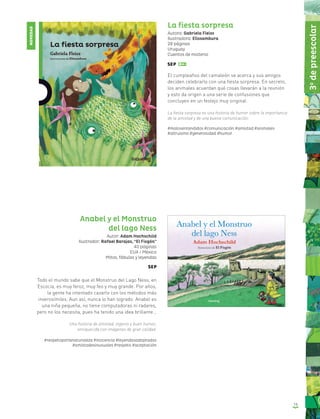 15
La fiesta sorpresa
Autora: Gabriela Fleiss
Ilustradora: Elissambura
28 páginas
Uruguay
Cuentos de misterio
El cumpleaños del camaleón se acerca y sus amigos
deciden celebrarlo con una fiesta sorpresa. En secreto,
los animales acuerdan qué cosas llevarán a la reunión
y esto da origen a una serie de confusiones que
concluyen en un festejo muy original.
La fiesta sorpresa es una historia de humor sobre la importancia
de la amistad y de una buena comunicación.
#malosentendidos #comunicación #amistad #animales
#altruismo #generosidad #humor
Anabel y el Monstruo
del lago Ness
Autor: Adam Hochschild
Ilustrador: Rafael Barajas, “El Fisgón”
40 páginas
EUA / México
Mitos, fábulas y leyendas
Todo el mundo sabe que el Monstruo del Lago Ness, en
Escocia, es muy feroz, muy feo y muy grande. Por años,
la gente ha intentado cazarlo con los métodos más
inverosímiles. Aun así, nunca lo han logrado. Anabel es
una niña pequeña, no tiene computadoras ni radares,
pero no los necesita, pues ha tenido una idea brillante…
Una historia de amistad, ingenio y buen humor,
enriquecida con imágenes de gran calidad.
#respetoporlanaturaleza #inocencia #leyendasadaptadas
#amistadesinusuales #respeto #aceptación
NOVEDAD
3o
depreescolar
 