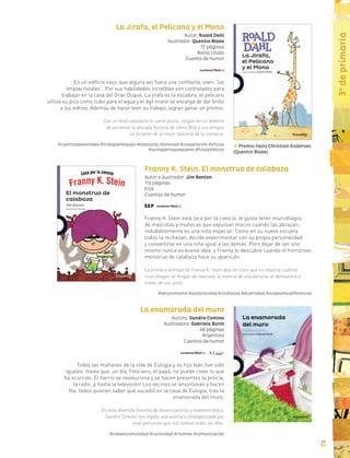 29
3o
deprimaria
La Jirafa, el Pelícano y el Mono
Autor: Roald Dahl
Ilustrador: Quentin Blake
72 páginas
Reino Unido
Cuento de humor
En un edificio viejo, que alguna vez fuera una confitería, viven “los
limpiacristales”. Por sus habilidades increíbles son contratados para
trabajar en la casa del Gran Duque. La jirafa es la escalera, el pelícano
utiliza su pico como cubo para el agua y el ágil mono se encarga de dar brillo
a los vidrios. Además de hacer bien su trabajo, logran ganar un premio.
Con un final satisfactorio como pocos, ningún lector debería
de perderse la alocada historia de cómo Billy y sus amigos
se hicieron de la mejor dulcería de la comarca.
#cuentosdeanimales #trabajoenequipo #elabsurdo #amistad #cooperación #oficios
#luchaporloquequieres #finalesfelices
Franny K. Stein. El monstruo de calabaza
Autor e ilustrador: Jim Benton
112 páginas
EUA
Cuentos de humor
Franny K. Stein está loca por la ciencia. le gusta tener murciélagos
de mascotas y muñecas que expulsan mocos cuando las abrazan;
indudablemente es una niña especial. Como en su nueva escuela
todos la rechazan, decide experimentar con su propia personalidad
y convertirse en una niña igual a las demás. Pero dejar de ser uno
mismo nunca es buena idea, y Franny lo descubre cuando el horroroso
monstruo de calabaza hace su aparición.
La primera entrega de Franny K. Stein deja en claro que no importa cuántos
murciélagos se tengan de mascota, la esencia de una persona se demuestra a
través de sus actos.
#serunomismo #autenticidad #confianza #diversidad #aceptarlasdiferencias
La enamorada del muro
Autora: Sandra Comino
Ilustradora: Gabriela Burin
48 páginas
Argentina
Cuentos de humor
Todas las mañanas de la vida de Eulogia y su hijo Iván han sido
iguales. Hasta que, un día, Feliciano, el papá, no puede creer lo que
ha ocurrido. El barrio se revoluciona y se hacen presentes la policía,
la radio ¡y hasta la televisión! Los vecinos se amontonan y hacen
fila: todos quieren saber qué sucedió en la casa de Eulogia, tras la
enamorada del muro.
En esta divertida historia de desencuentros y malentendidos,
Sandra Comino nos regala una aventura protagonizada por
esas personas que nos rodean todos los días.
#vidaencomunidad #curiosidad #chismes #comunicación
Premio Hans Christian Andersen
(Quentin Blake)
 