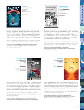 51
A Paloma le gusta estudiar. Se sienta en la primera fila del aula,
es tímida, sensible y no se preocupa demasiado por la ropa que
lleva. En clase, Lobo y sus amigos piensan que debe pagar por ser
distinta. La joven comienza a recibir llamadas telefónicas que van
deteriorando su autoestima y erosionan sus verdaderos ideales.
Cuando alguien intenta defenderla, la tragedia no se hace esperar.
Paloma es una novela realista sobre un tema actual: el acoso escolar
que sufren muchos jóvenes por parte de sus compañeros de clase.
#bullying #vidaescolar #rechazo #respeto #valentía #autoestima
#conflictosjuveniles #abuso #violencia #amistadesverdaderas
#consecuencias #losfavoritos
Paloma
Autor: Jaime Homar
124 páginas
España
Narrativa juvenil
Corren los años ochenta y el mundo de Inés se derrumba cuando
sus papás se divorcian. No da crédito a que su plácida existencia en
familia deje de funcionar súbitamente. Sin embargo, su nueva vida
en un departamento le depara algunas sorpresas al lado de sus
vecinas, las hermanas Dávalos. Juntas encontrarán el primer amor,
pero también se enfrentarán a sus sacudidas, como aquellas que
propinó el terremoto de 1985 a la Ciudad de México.
“Es un antes y un después. Todos vivimos ese corte en la adolescencia
cuando dejas de ser niño y te empiezas a volver adulto, pero en el caso
de mi protagonista, que vive el temblor de cerca, el corte es radical.”
#divorcio #primeramor #primerbeso #saliralmundo
#rockdelos80 #TerremotoCiudaddeMéxico1985 #décadadelos80
#crecimientoymaduración
Cuando Plutón
era un planeta
Autora: Flor Aguilera
112 páginas
México
Narrativa juvenil
La ley de la calle
Autora: S. E. Hinton
152 páginas
EUA
Narrativa juvenil
Mejor libro para jóvenes por
la Asociación Norteamericana
de Bibliotecas (ALA)
Rusty James es el chico rudo por antonomasia, y lo que más quiere
en el mundo es ser como su hermano, el Chico Motocicleta. Pero
Rusty James no es listo; de hecho, confía más en sus puños que en
su cabeza, y cuando se mete en problemas, su hermano siempre
acude en su rescate. ¿Qué pasará el día en que el mundo de Rusty
James se derrumbe y el Chico Motocicleta no pueda ir en su ayuda?
Un clásico que revolucionó la literatura juvenil por su realismo
y calidad, y que años después se convirtiría en película bajo la dirección
de Francis Ford Coppola.
#hermanos #duelo #pandillas #motocicletas #violenciajuvenil
#separación #chicosdelacalle #conflictosjuveniles #clasessociales
Jarven, una adolescente, gana un casting para una película que se
rodará en el extranjero. Una vez allí, descubre que el rodaje es una
maniobra política en la que ella deberá suplantar a la desaparecida
princesa de Skogland, un país fantástico y aparentemente perfecto
que en el fondo resulta ser un ejemplo de intolerancia y racismo.
Una apasionante novela fantástica, escrita por la autora que recibió el
Deutscher Jugendliteraturpreis en 2007.
#luchasdepoder #desapariciones #estratagemaspolíticas
#conflictossocialesypolíticos #educaciónparalapaz #corrupción
#solidaridad #subversión #autoritarismo #seddejusticia
Skogland
Autora: Kirsten Boie
384 páginas
Alemania
Narrativa de aventuras
2o
desecundaria
 