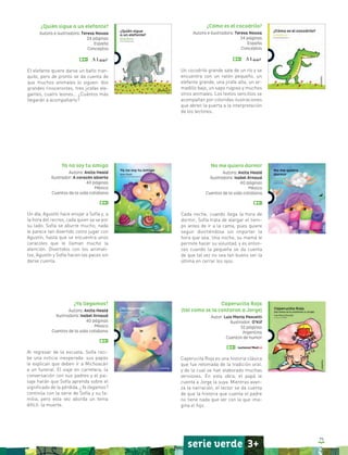 75
¿Cómo es el cocodrilo?
Autora e ilustradora: Teresa Novoa
24 páginas
España
Conceptos
Un cocodrilo grande sale de un río y se
encuentra con un ratón pequeño, un
elefante grande, una jirafa alta, un ar-
madillo bajo, un sapo rugoso y muchos
otros animales. Los textos sencillos se
acompañan por coloridas ilustraciones
que abren la puerta a la interpretación
de los lectores.
¿Quién sigue a un elefante?
Autora e ilustradora: Teresa Novoa
24 páginas
España
Conceptos
El elefante quiere darse un baño tran-
quilo, pero de pronto se da cuenta de
que muchos animales lo siguen: dos
grandes rinocerontes, tres jirafas ele-
gantes, cuatro leones… ¿Cuántos más
llegarán a acompañarlo?
No me quiero dormir
Autora: Anita Heald
Ilustradora: Isabel Arnaud
40 páginas
México
Cuentos de la vida cotidiana
Cada noche, cuando llega la hora de
dormir, Sofía trata de alargar el tiem-
po antes de ir a la cama, pues quiere
seguir divirtiéndose sin importar la
hora que sea. Una noche, su mamá le
permite hacer su voluntad, y es enton-
ces cuando la pequeña se da cuenta
de que tal vez no sea tan bueno ser la
última en cerrar los ojos.
Ya no soy tu amiga
Autora: Anita Heald
Ilustrador: A corazón abierto
40 páginas
México
Cuentos de la vida cotidiana
Un día, Agustín hace enojar a Sofía y, a
la hora del recreo, cada quien se va por
su lado. Sofía se aburre mucho, nada
le parece tan divertido como jugar con
Agustín, hasta que se encuentra unos
caracoles que le llaman mucho la
atención. Divertidos con los animali-
tos, Agustín y Sofía hacen las paces sin
darse cuenta.
¿Ya llegamos?
Autora: Anita Heald
Ilustradora: Isabel Arnaud
40 páginas
México
Cuentos de la vida cotidiana
Al regresar de la escuela, Sofía reci-
be una noticia inesperada: sus papás
le explican que deben ir a Michoacán
a un funeral. El viaje en carretera, la
conversación con sus padres y el pai-
saje harán que Sofía aprenda sobre el
significado de la pérdida. ¿Ya llegamos?
continúa con la serie de Sofía y su fa-
milia, pero esta vez aborda un tema
difícil: la muerte.
Caperucita Roja
(tal como se la contaron a Jorge)
Autor: Luis María Pescetti
Ilustrador: O’Kif
32 páginas
Argentina
Cuentos de humor
Caperucita Roja es una historia clásica
que fue retomada de la tradición oral,
y de la cual se han elaborado muchas
versiones. En esta obra, el papá le
cuenta a Jorge la suya. Mientras avan-
za la narración, el lector se da cuenta
de que la historia que cuenta el padre
no tiene nada que ver con la que ima-
gina el hijo.
serie verde 3+
 