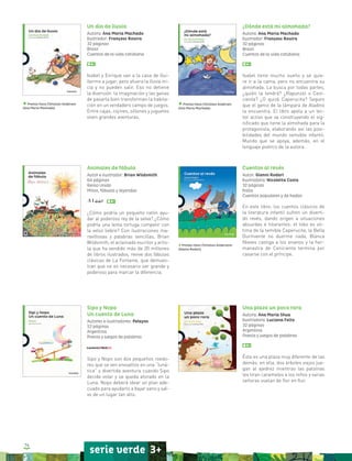 76
Un día de lluvia
Autora: Ana Maria Machado
Ilustrador: Françesc Rovira
32 páginas
Brasil
Cuentos de la vida cotidiana
Isabel y Enrique van a la casa de Gui-
llermo a jugar, pero afuera la lluvia ini-
cia y no pueden salir. Eso no detiene
la diversión: la imaginación y las ganas
de pasarla bien transforman la habita-
ción en un verdadero campo de juegos.
Entre cajas, cojines, sillones y juguetes
viven grandes aventuras.
Premio Hans Christian Andersen
(Ana Maria Machado)
Premio Hans Christian Andersen
(Ana Maria Machado)
¿Dónde está mi almohada?
Autora: Ana Maria Machado
Ilustrador: Françesc Rovira
32 páginas
Brasil
Cuentos de la vida cotidiana
Isabel tiene mucho sueño y se quie-
re ir a la cama, pero no encuentra su
almohada. La busca por todas partes,
¿quién la tendrá? ¿Rapunzel o Ceni-
cienta? ¿O quizá Caperucita? Seguro
que el genio de la lámpara de Aladino
la encuentra. El libro apela a un lec-
tor activo que va construyendo el sig-
nificado que tiene la almohada para la
protagonista, elaborando así las posi-
bilidades del mundo sensible infantil.
Mundo que se apoya, además, en el
lenguaje poético de la autora.
Cuentos al revés
Autor: Gianni Rodari
Ilustradora: Nicoletta Costa
32 páginas
Italia
Cuentos populares y de hadas
En este libro, los cuentos clásicos de
la literatura infantil sufren un diverti-
do revés, dando origen a situaciones
absurdas e hilarantes: el lobo es víc-
tima de la temible Caperucita, la Bella
Durmiente no duerme nada, Blanca
Nieves castiga a los enanos y la her-
manastra de Cenicienta termina por
casarse con el príncipe.
Premio Hans Christian Andersenn
(Gianni Rodari)
Animales de fábula
Autor e ilustrador: Brian Wildsmith
64 páginas
Reino Unido
Mitos, fábulas y leyendas
¿Cómo podría un pequeño ratón ayu-
dar al poderoso rey de la selva? ¿Cómo
podría una lenta tortuga competir con
la veloz liebre? Con ilustraciones ma-
ravillosas y palabras sencillas, Brian
Wildsmith, el aclamado escritor y artis-
ta que ha vendido más de 20 millones
de libros ilustrados, revive dos fábulas
clásicas de La Fontaine, que demues-
tran que no es necesario ser grande y
poderoso para marcar la diferencia.
Una plaza un poco rara
Autora: Ana María Shua
Ilustradora: Luciana Feito
32 páginas
Argentina
Poesía y juegos de palabras
Ésta es una plaza muy diferente de las
demás: en ella, dos árboles viejos jue-
gan al ajedrez mientras las palomas
les tiran caramelos a los niños y varias
señoras vuelan de flor en flor.
Sipo y Nopo
Un cuento de Luna
Autores e ilustradores: Pelayos
52 páginas
Argentina
Poesía y juegos de palabras
Sipo y Nopo son dos pequeños roedo-
res que se ven envueltos en una “luná-
tica” y divertida aventura cuando Sipo
decide volar y se queda atorado en la
Luna. Nopo deberá idear un plan ade-
cuado para ayudarlo a bajar sano y sal-
vo de un lugar tan alto.
serie verde 3+
 