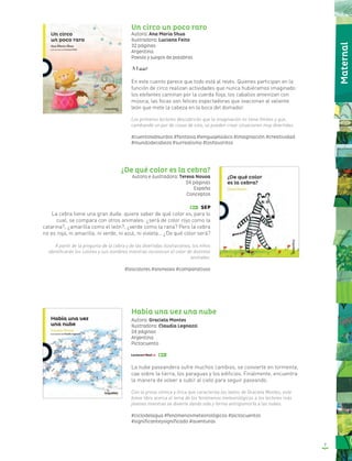 7
Un circo un poco raro
Autora: Ana María Shua
Ilustradora: Luciana Feito
32 páginas
Argentina
Poesía y juegos de palabras
En este cuento parece que todo está al revés. Quienes participan en la
función de circo realizan actividades que nunca hubiéramos imaginado:
los elefantes caminan por la cuerda floja, los caballos amenizan con
música, las focas son felices espectadoras que ovacionan al valiente
león que mete la cabeza en la boca del domador.
Los primeros lectores descubrirán que la imaginación no tiene límites y que,
cambiando un par de cosas de sitio, se pueden crear situaciones muy divertidas.
#cuentosabsurdos #fantasía #lenguajelúdico #imaginación #creatividad
#mundodecabeza #surrealismo #losfavoritos
¿De qué color es la cebra?
Autora e ilustradora: Teresa Novoa
24 páginas
España
Conceptos
La cebra tiene una gran duda: quiere saber de qué color es, para lo
cual, se compara con otros animales: ¿será de color rojo como la
catarina?, ¿amarilla como el león?, ¿verde como la rana? Pero la cebra
no es roja, ni amarilla, ni verde, ni azul, ni violeta… ¿De qué color será?
A partir de la pregunta de la cebra y de las divertidas ilustraciones, los niños
identificarán los colores y sus nombres mientras reconocen el color de distintos
animales.
#loscolores #animales #comparativos
Había una vez una nube
Autora: Graciela Montes
Ilustradora: Claudia Legnazzi
24 páginas
Argentina
Pictocuento
La nube paseandera sufre muchos cambios, se convierte en tormenta,
cae sobre la tierra, los paraguas y los edificios. Finalmente, encuentra
la manera de volver a subir al cielo para seguir paseando.
Con la prosa cómica y lírica que caracteriza los textos de Graciela Montes, este
breve libro acerca el tema de los fenómenos meteorológicos a los lectores más
jóvenes mientras se divierte dando vida y forma antropomorfa a las nubes.
#ciclodelagua #fenómenosmeteorológicos #pictocuentos
#significanteysignificado #aventuras
Maternal
 