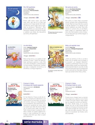 86
serie morada 8+
Franny K. Stein.
El ataque del Cupido gigante
Autor e ilustrador: Jim Benton
112 páginas
EUA
Cuentos de humor
En San Valentín, Franny recibe de re-
galo un asistente de laboratorio ¡con
cuatro patas! Se llama Igor, es mezcla
de muchas razas y es completamen-
te incompetente. Ella está furiosa: no
necesita un ayudante tan torpe. ¿Qué
se supone que debe de hacer Franny
con un bueno para nada como Igor?
Todo empeora para la pequeña cien-
tífica cuando un Cupido gigante em-
pieza a crear problemas en toda la
ciudad y ella tiene que idear un plan
para detenerlo.
Franny K. Stein.
El tiempo todo lo-cura
Autor e ilustrador: Jim Benton
116 páginas
EUA
Cuentos de humor
Franny nunca imaginó que su secreto
más vergonzoso saldría a la luz frente
a toda la escuela. Ahora, todos saben
que su segundo nombre ¡es Karame-
lito! Esto, desde luego, no se puede
quedar así, por lo que Franny decide
viajar en el tiempo al momento en que
nació para arreglar de una vez por to-
das esta terrrible situación. Pero las
cosas no resultarán tan fáciles como
ella esperaba.
Billy y el vestido rosa
Autora: Anne Fine
Ilustrador: Philippe Doupasquier
96 páginas
Reino Unido
Cuentos de la vida cotidiana
¿Cómo se sentiría un niño si un día lo
visten con un vestido rosa y lo llevan a
la escuela?, ¿lo tratarían diferente?,
¿estaría en desventaja? Esto es lo que
le pasa a Billy cuando una mañana des-
pierta transformado en una niña. Un día
será suficiente para que el protagonista
se dé cuenta de los marcados estereo-
tipos que existen entre niños y niñas.
Children’s Laureate, Reino Unido
(Anne Fine)
Mis 130 apellidos
Autora: Irene Vasco
Ilustradora: Patricia Acosta
64 páginas
Colombia
Cuentos de la vida cotidiana
Emilio sabe varias cosas: que tiene
siete años, que vive en un país que
aparece en el mapa donde dice Amé-
rica del Sur, que es judío y que su ape-
llido se pronuncia “Moscovici”. Pero
pronto vendrán a su casa varios de sus
familiares israelíes, de todo el mundo
a celebrar una fiesta. Así descubrirá
que tiene ¡130 apellidos!
La otra Nina
Autor: Joachim Friedrich
Ilustrador: Erhard Dietl
104 páginas
Alemania
Cuentos de la vida cotidiana
Nina es hija única y sus padres le dan
siempre lo mejor: clases de natación,
baile, gimnasia, guitarra y más. Ella
se la vive estudiando y prácticamente
no tiene amigos. Deseosa por cambiar
sus días, la pequeña encuentra a la
otra Nina, su amiga imaginaria.
De carta en carta
Autora: Ana María Machado
Ilustradora: Rita Basulto
44 páginas
Brasil
Cuentos de la vida cotidiana
Don José y su nieto, Pepe, se quieren
mucho, aunque riñen constantemente.
Un día, Pepe se enoja más de la cuenta
y decide expresar a su abuelo lo que
siente mediante una carta. Para ello,
solicita el servicio de un escribano,
quien juega un importante papel al
servir de intermediario entre el abue-
lo y el nieto para que ambos lleguen a
comprenderse.
Premio Hans Christian Andersen
(Ana María Machado)
 