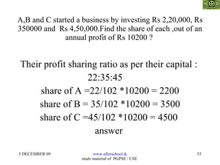 A,B and C started a business by investing Rs 2,20,000, Rs 350000 and  Rs 4,50,000.Find the share of each ,out of an annual profit of Rs 10200 ?  Their profit sharing ratio as per their capital :  22:35:45  share of A =22/102 *10200 = 2200 share of B = 35/102 *10200 = 3500 share of C =45/102 *10200 = 4500  answer  
