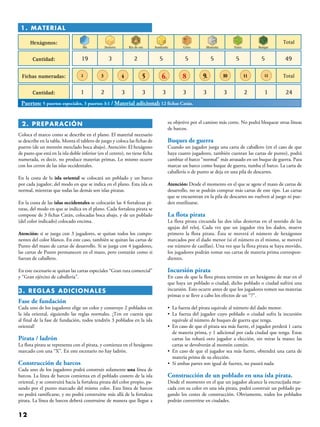 12
 2. PREPARACIÓN
Coloca el marco como se describe en el plano. El material necesario
se describe en la tabla. Monta el tablero de juego y coloca las fichas de
puerto (de un montón mezclado boca abajo). Atención: El hexágono
de pasto que está en la isla doble inferior (en el centro), no tiene ficha
numerada, es decir, no produce materias primas. Lo mismo ocurre
con los cerros de las islas occidentales.
En la costa de la isla oriental se colocará un poblado y un barco
por cada jugador, del modo en que se indica en el plano. Esta isla es
normal, mientras que todas las demás son islas piratas.
En la costa de las islas occidentales se colocarán las 4 fortalezas pi-
ratas, del modo en que se indica en el plano. Cada fortaleza pirata se
compone de 3 fichas Catán, colocadas boca abajo, y de un poblado
(del color indicado) colocado encima.
Atención: si se juega con 3 jugadores, se quitan todos los compo-
nentes del color blanco. En este caso, también se quitan las cartas de
Punto del mazo de cartas de desarrollo. Si se juega con 4 jugadores,
las cartas de Punto permanecen en el mazo, pero contarán como si
fueran de caballero.
En este escenario se quitan las cartas especiales “Gran ruta comercial”
y “Gran ejército de caballería”.
3. REGLAS ADICIONALES
Fase de fundación
Cada uno de los jugadores elige un color y construye 2 poblados en
la isla oriental, siguiendo las reglas normales. ¡Ten en cuenta que
al final de la fase de fundación, todos tendréis 3 poblados en la isla
oriental!
Pirata / ladrón
La flota pirata se representa con el pirata, y comienza en el hexágono
marcado con una “X”. En este escenario no hay ladrón.
Construcción de barcos
Cada uno de los jugadores podrá construir solamente una línea de
barcos. La línea de barcos comienza en el poblado costero de la isla
oriental, y se construirá hacia la fortaleza pirata del color propio, pa-
sando por el punto marcado del mismo color. Esta línea de barcos
no podrá ramificarse, y no podrá construirse más allá de la fortaleza
pirata. La línea de barcos deberá construirse de manera que llegue a
su objetivo por el camino más corto. No podrá bloquear otras líneas
de barcos.
Buques de guerra
Cuando un jugador juega una carta de caballero (en el caso de que
haya cuatro jugadores, también cuentan las cartas de punto), podrá
cambiar el barco “normal” más atrasado en un buque de guerra. Para
marcar un barco como buque de guerra, tumba el barco. La carta de
caballería o de punto se deja en una pila de descartes.
Atención: Desde el momento en el que se agote el mazo de cartas de
desarrollo, no se podrán comprar más cartas de este tipo. Las cartas
que se encuentran en la pila de descartes no vuelven al juego ni pue-
den reutilizarse.
La flota pirata
La flota pirata circunda las dos islas desiertas en el sentido de las
agujas del reloj. Cada vez que un jugador tira los dados, mueve
primero la flota pirata. Ésta se moverá el número de hexágonos
marcados por el dado menor (si el número es el mismo, se moverá
ese número de casillas). Una vez que la flota pirata se haya movido,
los jugadores podrán tomar sus cartas de materia prima correspon-
dientes.
Incursión pirata
En caso de que la flota pirata termine en un hexágono de mar en el
que haya un poblado o ciudad, dicho poblado o ciudad sufrirá una
incursión. Esto ocurre antes de que los jugadores tomen sus materias
primas o se lleve a cabo los efectos de un “7”.
• La fuerza del pirata equivale al número del dado menor.
• La fuerza del jugador cuyo poblado o ciudad sufra la incursión
equivale al número de buques de guerra que tenga.
• En caso de que el pirata sea más fuerte, el jugador perderá 1 carta
de materia prima, y 1 adicional por cada ciudad que tenga. Estas
cartas las robará otro jugador a elección, sin mirar la mano; las
cartas se devolverán al montón común.
• En caso de que el jugador sea más fuerte, obtendrá una carta de
materia prima de su elección.
• Si ambas partes son igual de fuertes, no pasará nada.
Construcción de un poblado en una isla pirata.
Desde el momento en el que un jugador alcance la encrucijada mar-
cada con su color en una isla pirata, podrá construir un poblado pa-
gando los costes de construcción. Obviamente, todos los poblados
podrán convertirse en ciudades.
1. Material
Hexágonos:
Cantidad: 19 3 2 5 5 5 5 5 49
Fichas numeradas:
Cantidad: 1 2
Ma Desierto
32
3 3 3 3 3 2 13 24
Total
Total
Río de oro Sembrado Cerro Montaña Pasto Bosque
4 5 6. 8 9. 10 11 12
Puertos: 5 puertos especiales, 3 puertos 3:1 / Material adicional: 12 fichas Catán.
 