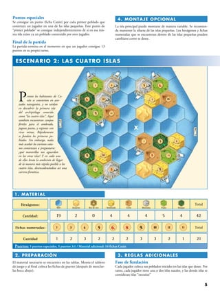 Pronto los habitantes de Ca-
tán se convierten en ave-
zados navegantes, y no tardan
en descubrir la primera isla
del archipiélago conocido
como “las cuatro islas”. Aquí
también encuentran campos
fértiles para el sembrado,
jugosos pastos, y regiones con
ricas minas. Rápidamente
se fundan los primeros po-
blados. Sin embargo, nada
más acabar los curiosos cata-
nos comienzan a preguntarse:
¿qué maravillas nos aguardan
en las otras islas? Y en cada uno
de ellos brota la ambición de llegar
de la manera más rápida posible a las
cuatro islas, desencadenándose así una
carrera frenética.
Puntos especiales
Se consigue un punto (ficha Catán) por cada primer poblado que
construya un jugador en una de las islas pequeñas. Este punto de
“primer poblado” se consigue independientemente de si en esa mis-
ma isla existe ya un poblado construido por otro jugador.
Final de la partida
La partida termina en el momento en que un jugador consigue 13
puntos en su propio turno.
 4. MONTAJE OPCIONAL
La isla principal puede montarse de manera variable. Se recomien-
da mantener la silueta de las islas pequeñas. Los hexágonos y fichas
numeradas que se encuentran dentro de las islas pequeñas pueden
cambiarse como se desee.
1. Material
Hexágonos:
Cantidad: 19 2 0 4 4 4 5 4 42
Fichas numeradas:
Cantidad 1
Mar
2
2 3 2 2 2 3 2 13 21
Total
Total
Desierto Río de oro Sembrado Cerro Montaña Pasto Bosque
3 4 5 6. 8 9. 10 11 12
 2. PREPARACIÓN
El material necesario se encuentra en las tablas. Monta el tablero
de juego y al final coloca las fichas de puerto (después de mezclar-
las boca abajo).
 3. REGLAS ADICIONALES
Fase de fundación
Cada jugador coloca sus poblados iniciales en las islas que desee. Por
tanto, cada jugador tiene una o dos islas natales, y las demás islas se
consideran islas “extrañas”
Puertos: 5 puertos especiales, 5 puertos 3:1 / Material adicional: 16 fichas Catán
  ESCENARIO 2: LAS CUATRO ISLAS
X
 