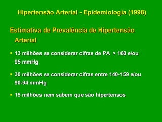 Hipertensão Arterial - Epidemiologia (1998)   Estimativa de Prevalência de Hipertensão Arterial 13 milhões se considerar cifras de PA  > 160 e/ou 95 mmHg 30 milhões se considerar cifras entre 140-159 e/ou 90-94 mmHg 15 milhões nem sabem que são hipertensos 