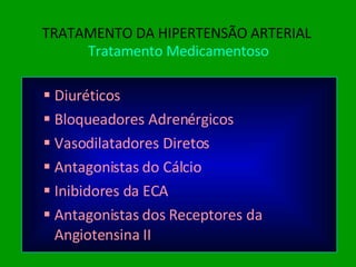TRATAMENTO DA HIPERTENSÃO ARTERIAL   Tratamento Medicamentoso Diuréticos Bloqueadores Adrenérgicos Vasodilatadores Diretos Antagonistas do Cálcio Inibidores da ECA Antagonistas dos Receptores da Angiotensina II 