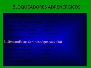 BLOQUEADORES ADRENÉRGICOS c) Beta-bloqueadores   Propranolol (Inderal, Rebaten)  20-320 mg   Nadolol (Corgard)  40-80  mg   Cardioseletivos: Atenolol   25-100 mg   Metoprolol  50-200 mg A.S.I.: Pindolol (Visken)  5-10  mg B- Simpatolíticos Centrais (Agonistas alfa) Metildopa (Aldomet)  0,5-2,0mg Clonidina (Atensina)   0,2-1,8mg Guanabenz (Lisapress)   4 – 24mg Moxonidina (Cynt)   0,2-0,8mg Rilmenidina (Hyperium)   1 - 3  mg 