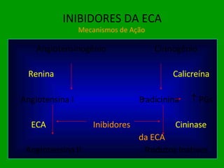 INIBIDORES DA ECA  Mecanismos de Ação Angiotensinogênio  Cininogênio   Renina  Calicreína Angiotensina I  Bradicinina    PGs   ECA  Inibidores  Cininase   da ECA Angiotensina II  Produtos Inativos 