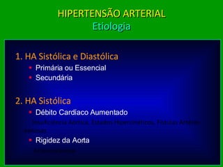 1. HA Sistólica e Diastólica Primária ou Essencial Secundária 2. HA Sistólica Débito Cardíaco Aumentado   Insuficiência Aórtica, Estados Hipercinéticos, Fistulas Artério-venosas Rigidez da Aorta   Arteriosclerose HIPERTENSÃO ARTERIAL Etiologia 