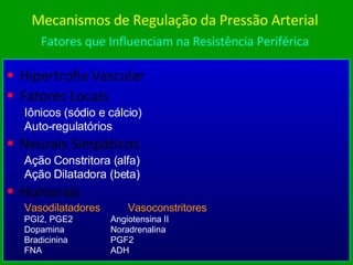 Hipertrofia Vascular Fatores Locais Iônicos (sódio e cálcio) Auto-regulatórios Neurais Simpáticos Ação Constritora (alfa) Ação Dilatadora (beta) Humorais Vasodilatadores Vasoconstritores PGI2, PGE2 Angiotensina II Dopamina Noradrenalina Bradicinina PGF2 FNA ADH Mecanismos de Regulação da Pressão Arterial Fatores que Influenciam na Resistência Periférica 