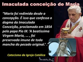 “Maria foi redimida desde a
concepção. É isso que confessa o
dogma da Imaculada
Conceição, proclamado em 1854
pelo papa Pio IX: ‘A beatíssima
Virgem Maria, ... , foi
preservada imune de toda
mancha do pecado original.’ .”

   Catecismo da Igreja Católica
 