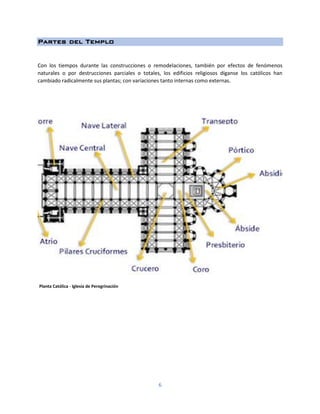 6
Partes del Templo
Con los tiempos durante las construcciones o remodelaciones, también por efectos de fenómenos
naturales o por destrucciones parciales o totales, los edificios religiosos díganse los católicos han
cambiado radicalmente sus plantas; con variaciones tanto internas como externas.
Planta Católica - Iglesia de Peregrinación
 