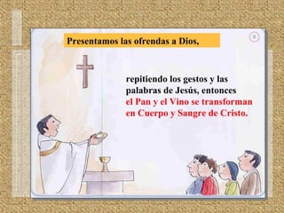 Presentamos las ofrendas a Dios,
repitiendo los gestos y las
palabras de Jesús, entonces
el Pan y el Vino se transforman
en Cuerpo y Sangre de Cristo.
 