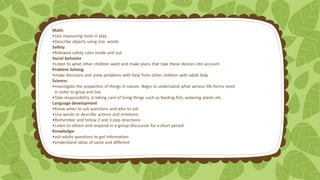 Math:
•Use measuring tools in play
•Describe objects using size words
Safety:
•followed safety rules inside and out
Social behavior
•Listen to what other children want and make plans that take these desires into account
Problem Solving:
•make decisions and solve problems with help from other children with adult help
Science:
•Investigate the properties of things in nature. Begin to understand what various life forms need
in order to grow and live.
•Take responsibility in taking care of living things such as feeding fish, watering plants etc.
Language development
•Know when to ask questions and who to ask
•Use words to describe actions and emotions
•Remember and follow 2 and 3 step directions
•Listen to others and respond in a group discussion for a short period
Knowledge:
•ask adults questions to get information
•Understand ideas of same and different

 