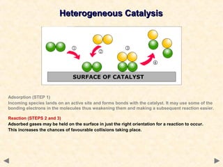 Heterogeneous CatalysisHeterogeneous Catalysis
Adsorption (STEP 1)
Incoming species lands on an active site and forms bonds with the catalyst. It may use some of the
bonding electrons in the molecules thus weakening them and making a subsequent reaction easier.
Reaction (STEPS 2 and 3)
Adsorbed gases may be held on the surface in just the right orientation for a reaction to occur.
This increases the chances of favourable collisions taking place.
 