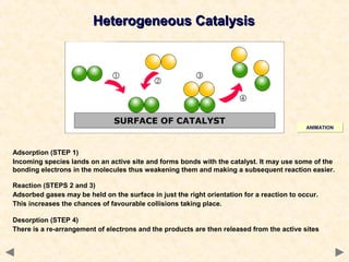 ANIMATIONANIMATION
Heterogeneous CatalysisHeterogeneous Catalysis
Desorption (STEP 4)
There is a re-arrangement of electrons and the products are then released from the active sites
Adsorption (STEP 1)
Incoming species lands on an active site and forms bonds with the catalyst. It may use some of the
bonding electrons in the molecules thus weakening them and making a subsequent reaction easier.
Reaction (STEPS 2 and 3)
Adsorbed gases may be held on the surface in just the right orientation for a reaction to occur.
This increases the chances of favourable collisions taking place.
 