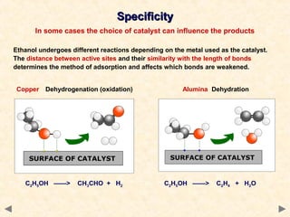 SpecificitySpecificity
In some cases the choice of catalyst can influence the products
C2H5OH ——> CH3CHO + H2 C2H5OH ——> C2H4 + H2O
Ethanol undergoes different reactions depending on the metal used as the catalyst.
The distance between active sites and their similarity with the length of bonds
determines the method of adsorption and affects which bonds are weakened.
Alumina DehydrationCopper Dehydrogenation (oxidation)
 