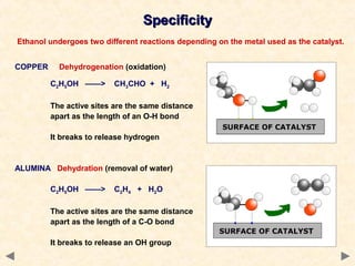 Ethanol undergoes two different reactions depending on the metal used as the catalyst.
COPPER Dehydrogenation (oxidation)
C2H5OH ——> CH3CHO + H2
The active sites are the same distance
apart as the length of an O-H bond
It breaks to release hydrogen
ALUMINA Dehydration (removal of water)
C2H5OH ——> C2H4 + H2O
The active sites are the same distance
apart as the length of a C-O bond
It breaks to release an OH group
SpecificitySpecificity
 