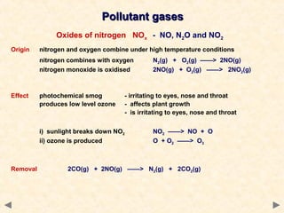 Pollutant gasesPollutant gases
Oxides of nitrogen NOx - NO, N2O and NO2
Origin nitrogen and oxygen combine under high temperature conditions
nitrogen combines with oxygen N2(g) + O2(g) ——> 2NO(g)
nitrogen monoxide is oxidised 2NO(g) + O2(g) ——> 2NO2(g)
Effect photochemical smog - irritating to eyes, nose and throat
produces low level ozone - affects plant growth
- is irritating to eyes, nose and throat
i) sunlight breaks down NO2 NO2 ——> NO + O
ii) ozone is produced O + O2 ——> O3
Removal 2CO(g) + 2NO(g) ——> N2(g) + 2CO2(g)
 