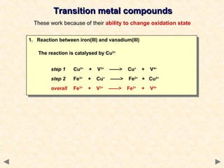 Transition metal compoundsTransition metal compounds
These work because of their ability to change oxidation state
1. Reaction between iron(III) and vanadium(III)
The reaction is catalysed by Cu2+
step 1 Cu2+
+ V3+
——> Cu+
+ V4+
step 2 Fe3+
+ Cu+
——> Fe2+
+ Cu2+
overall Fe3+
+ V3+
——> Fe2+
+ V4+
1. Reaction between iron(III) and vanadium(III)
The reaction is catalysed by Cu2+
step 1 Cu2+
+ V3+
——> Cu+
+ V4+
step 2 Fe3+
+ Cu+
——> Fe2+
+ Cu2+
overall Fe3+
+ V3+
——> Fe2+
+ V4+
 