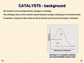 CATALYSTS - backgroundCATALYSTS - background
All reactions are accompanied by changes in enthalpy.
The enthalpy rises as the reaction starts because energy is being put in to break bonds.
It reaches a maximum then starts to fall as bonds are formed and energy is released.
ENTHALPY CHANGE DURING
AN EXOTHERMIC REACTION
 