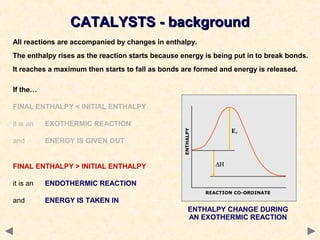 CATALYSTS - backgroundCATALYSTS - background
All reactions are accompanied by changes in enthalpy.
The enthalpy rises as the reaction starts because energy is being put in to break bonds.
It reaches a maximum then starts to fall as bonds are formed and energy is released.
ENTHALPY CHANGE DURING
AN EXOTHERMIC REACTION
If the…
FINAL ENTHALPY < INITIAL ENTHALPY
it is an EXOTHERMIC REACTION
and ENERGY IS GIVEN OUT
FINAL ENTHALPY > INITIAL ENTHALPY
it is an ENDOTHERMIC REACTION
and ENERGY IS TAKEN IN
 