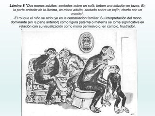Lámina 8 "Dos monos adultos, sentados sobre un sofá, beben una infusión en tazas. En
la parte anterior de la lámina, un mono adulto, sentado sobre un cojín, charla con un
monito".
-El rol que el niño se atribuye en la constelación familiar. Su interpretación del mono
dominante (en la parte anterior) como figura paterna o materna se torna significativa en
relación con su visualización como mono permisivo o, en cambio, frustrador.
 