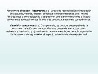 Funciones sintético - integradoras. a) Grado de reconciliación o integración
de actitudes, valores, afectos, conducta y representaciones de sí mismo
discrepantes o contradictorias y b) grado en que el sujeto relaciona e integra
activamente acontecimientos físicos y de conducta, sean o no contradictorios.
Dominio- competencia: a) Competencia, es decir, el desempeño de la
persona en relación con la capacidad que posee de interactuar con su
ambiente y dominarlo, y b) sentimiento de competencia, es decir, la expectativa
de la persona de lograr éxito, el aspecto subjetivo del desempeño real.
 