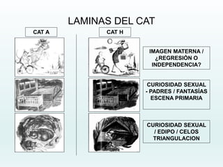 LAMINAS DEL CAT
CAT A CAT H
CURIOSIDAD SEXUAL
- PADRES / FANTASÍAS
ESCENA PRIMARIA
CURIOSIDAD SEXUAL
/ EDIPO / CELOS
TRIANGULACION
IMAGEN MATERNA /
¿REGRESIÓN O
INDEPENDENCIA?
 