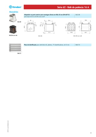 Série 62 - Relé de potência 16 A
                            Acessórios
                                                       Adaptador na parte anterior para montagem direta em trilho 35 mm (EN 60715)           062.08
                                                       para tipos 62.3x e 62.8x.xxxx.xxx9



                                              062.08




                            062.08 com relé                                                                                               062.08 com relé
                                                                                062.08




                                                       Placa de identificação para relé Série 62, plástico, 72 identificadores, 6x12 mm      060.72




                                              060.72
I-2013, www.findernet.com




                                                                                                                                                            9
 