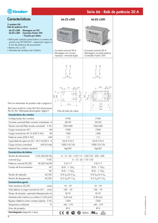 Série 66 - Relé de potência 30 A
Características                                                        66.22-x300                       66.82-x300
2 contatos NA
Relé de potência 30 A
    66.22-x300       Montagem em PCI
    66.82-x300       Conexões Faston 250
                     - Fixação por aletas
• Reforçada isolação entre bobina e contatos de
  acordo com EN 60335-1; separação segura e
  8 mm de distância de escoamento
• Bobina AC ou DC
• Variantes de contatos sem Cádmio                           •   Corrente nominal 30 A          • Corrente nominal 30 A
                                                             •   Montagem em circuito           • Montagem na parte anterior
                                                                 impresso - terminal duplo      • Conexões Faston 250




Para as dimensões do produto vide a página 6

PARA CARGA DE MOTOR E CARGA PILOT DUTY HOMOLOGADAS
PELA UL, VEJA “Informações técnica gerais” página V                Vista do lado do cobre
    Características dos contatos
    Configurações dos contatos                                              2 NA                               2 NA
    Corrente nominal/Máx corrente instantânea A                            30/50                               30/50
    Tensão nominal/Máx tensão comutável            V AC                   250/440                             250/440
    Carga nominal em AC1                              VA                    7500                               7500
    Carga nominal em AC15 (230 V AC)                  VA                    1200                               1200
    Potência motor (230 V AC)                        kW                      1.5                                1.5
    Capacidade de ruptura em DC1: 30/110/220 V A                        25/0.7/0.3                        25/0.7/0.3
    Carga mínima comutável                 mW (V/mA)                   1000 (10/10)                     1000 (10/10)
    Material dos contatos standard                                         AgCdO                              AgCdO
    Características da bobina
    Tensão de alimentação            V AC (50/60 Hz)                   6 - 12 - 24 - 110/115 - 120/125 - 230 - 240
    nominal (UN)                                   V DC                              6 - 12 - 24 - 110 -125
    Potência nominal AC/DC              VA (50 Hz)/W                      3.6/1.7                             3.6/1.7
    Campo de funcionamento                            AC                (0.8…1.1)UN                      (0.8…1.1)UN
                                                      DC                (0.8…1.1)UN                      (0.8…1.1)UN
    Tensão de retenção                           AC/DC                 0.8 UN/0.5 UN                    0.8 UN/0.5 UN
    Tensão de desoperação                        AC/DC                 0.2 UN/0.1 UN                    0.2 UN/0.1 UN
    Características gerais
    Vida mecânica AC/DC                            ciclos                 10 · 106                            10 · 106
                                                                                     3
    Vida elétrica a carga nominal em AC1           ciclos                 100 · 10                            100 · 103
    Tempo de atuação: operação/desoperação ms                               8/10                               8/10
    Isolamento entre a bobina e os contatos (1.2/50 μs) kV                6 (8 mm)                            6 (8 mm)
                                                                                                                                       I-2013, www.findernet.com




    Rigidez dielétrica entre contatos abertos V AC                          1500                               1500
    Temperatura ambiente                               °C                –40…+70                              –40…+70
    Grau de proteção                                                         RT II                              RT II
    Homologações (segundo o tipo)

2
 