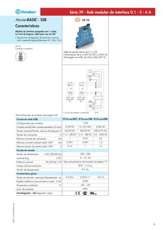 Série 39 - Relé modular de interface 0.1 - 2 - 6 A
                            MasterBASIC - SSR                                                                   39.10

                            Características
                            Módulo de interface equipado com 1 saída,
                            6.2 mm de largura, ideal para uso em PLC
                            •   Opção de interligação de terminais comuns
                                com o pente de ligação (terminais A1, A2 e 13+)

                            39.10
                            Conexão a parafuso
                                                                                      • Relé de estado sólido de 0.1 a 2A
                                                                                      • Alimentação de 6 a 24V AC/DC e 230V AC
                                                                                      • Montagem em trilho de 35mm (EN 60715)




                                                                                           34.81 com     34.81 com             *
                                                                                           saída SSR -   saída SSR -
                                                                                               AC            DC




                                                                                      * Circuito de proteção e sinalização
                            Para dimensões do produto veja página 20
                                Circuito de saída (SSR)                               39.10.x.xxx.9024 39.10.x.xxx.7048 39.10.x.xxx.8240
                                Configurações dos contatos                                                       1 NA
                                Corrente nominal/Máx corrente instantânea (10 ms) A       2/20 DC           0.1/0.5 DC        2/40 AC
                                Tensão nominal/Tensão máxima de bloqueio V                24/33 DC           48/60 DC        240/275 AC
                                Tensão de comutação                              V (1.5…24) DC             (1.5…48) DC (12…240) AC
                                Mínima corrente de comutação                   mA              1                 0.05              22
                                Máxima corrente residual saída “OFF”           mA           0.001               0.001              1.5
                                Máxima tensão de queda saída “ON”                V           0.12                  1               1.6
                                Circuito de entrada
                                Tensão de alimentação          V AC (50/60 Hz)                               220...240
                                nominal (UN)                                 V DC                            6 - 12 - 24
                                Potência nominal                 VA (50 Hz) / W Veja características da entrada na página 17
                                Campo de funcionamento                                                     (0.8…1.1) UN
                                Tensão de desoperação                                                           0.1 UN
                                Características gerais
                                Tempo de atuação: operação/desoperação ms                 0.2/0.6            0.04/0.11         12/12
                                Rigidez dielétrica entre entrada e saída V AC                                    2500
                                Temperatura ambiente                            °C                           –20…+55
                                Grau de proteção                                                                 IP20
                                Homologações - relé (segundo o tipo)
I-2013, www.findernet.com




                                                                                                                                                    5
 