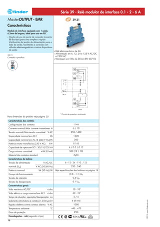 Série 39 - Relé modular de interface 0.1 - 2 - 6 A
MasterOUTPUT - EMR                                                                39.21

Características
Módulo de interface equipado com 1 saída,
6.2mm de largura, ideal para uso em PLC
•   Opção de uso do pente de conexão (conector
    BB Bus-bar) para uma simples e rápida
    distribuição da tensão de alimentação para o
    lado da saída, facilitando a conexão com
    válvulas eletromagnéticas e outros dispositivos
    de saída
                                                        • Relé eletromecânico de 6A
                                                        • Alimentação em 6, 12, 24 e 125 V AC/DC
39.21
                                                          e 230V AC
Conexão a parafuso
                                                        • Montagem em trilho de 35mm (EN 60715)




                                                                                               *




                                                                 * Circuito de proteção e sinalização
Para dimensões do produto veja página 20
    Características dos contatos                                                      1
    Configurações dos contatos                                                     1 NA
    Corrente nominal/Máx corrente instantânea A                                   6 / 10
    Tensão nominal/Máx tensão comutável        V AC                             250 / 400
    Capacidade nominal em AC1                     VA                               1500
    Capacidade nominal em AC15 (230 V AC)VA                                         300
    Potência motor monofásico (230 V AC)         kW                                0.185
    Capacidade de ruptura em DC1: 30/110/220 VA                              6 / 0.2 / 0.12
    Carga mínima comutável              mW (V/mA)                            500 (12 / 10)
    Material dos contatos standard                                                 AgNi
    Características da bobina
    Tensão de alimentação                 V AC/DC                      6 - 12 - 24 - 110…125
    nominal (UN)                   V AC (50/60 Hz)                              220...240
    Potência nominal                 VA (50 Hz)/W           Veja especificações das bobinas na página 16
    Campo de funcionamento                                                   (0.8…1.1) UN
    Tensão de retenção                                                            0.6 UN
    Tensão de desoperação                                                         0.1 UN
    Características gerais
    Vida mecânica AC/DC                        ciclos                             10 · 106
    Vida elétrica a carga nominal em AC1       ciclos                             60 · 103
    Tempo de atuação: operação/desoperação ms                                      5/6
                                                                                                                      I-2013, www.findernet.com




    Isolamento entre bobina e contatos (1.2/50 μs) kV                            6 (8 mm)
    Rigidez dielétrica entre contatos abertos V AC                                 1000
    Temperatura ambiente                          °C                            –40…+70
    Grau de proteção                                                                IP20
    Homologações - relé (segundo o tipo)
10
 