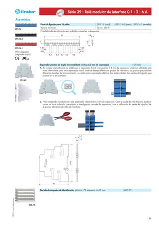 Série 39 - Relé modular de interface 0.1 - 2 - 6 A
                            Acessórios
                                                   Pente de ligação para 16 pólos                               093.16 (azul)      093.16.0 (preto)   093.16.1 (vermelho)
                                                   Valores nominais                                             36 A - 250 V
                            093.16
                                                   Possibilidade de utilização em múltiplas conexões, sobrepostas


                            093.16.0



                            093.16.1

                            Homologações
                            (segundo o tipo):



                                                   Separador plástico de dupla funcionalidade (1.8 ou 6.2 mm de separação)                              093.60
                                                   1. Ao romper manualmente as saliências, o separador ficará com apenas 1.8 mm de espessura, onde sua utilidade será
                                                      mais interessante para uma separação visual, onde se deseja diferenciar grupos de interfaces, ou grupos que possuam
                                                      diferentes tensões de funcionamento, ou então para a proteção elétrica das extremidades dos pentes de ligação que
                                                      possam vir a ser cortadas.

                                 093.60




                                                   2. Não rompendo as saliências, este separador oferecerá 6.2 mm de espessura. Com a ajuda de uma tesoura, pode-se
                                                      cortar no local indicado, permitindo a interligação, através do separador, com a utilização do pente de ligação, de
                                                      2 grupos diferentes de relés de interface.




                                                   Cartela de etiquetas de identificação, plástica, 72 etiquetas, 6x12 mm                   060.72
I-2013, www.findernet.com




                                          060.72




                                                                                                                                                                      23
 