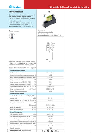 Série 48 - Relé modular de interface 8 A
                            Características                                                               48.12
                            2 contatos - relé modular de interface com relé
                            com contatos guiados, largura 15.8 mm
                                48.12 - 2 contatos 8 A (conexão a parafuso)
                            • Bobina DC sensível
                            • Relé para PCI com contatos guiados de
                              acordo com a EN 50205 tipo B
                            • Montagem em trilho 35 mm (EN 60715)



                            48.12                                                        • 2 contatos, 8 A
                            Conexão a parafuso                                           • Relé com contatos guiados
                                                                                         • Conexão a parafuso
                                                                                         • Montagem em trilho 35 mm (EN 60715)




                            De acordo com a EN50205 somente contatos
                            1 NA e 1 NF (11-14 e 21-22 ou 11-12 e 21-24)
                            devem ser utilizados como contatos guiados.

                            Para as dimensões do produto vide a página 7

                                Características dos contatos
                                Configurações dos contatos                                              2 reversíveis
                                Corrente nominal/Máx corrente instantânea A                                8/15
                                Tensão nominal/Máx tensão comutável            V AC                      250/400
                                Carga nominal em AC1                              VA                       2000
                                Carga nominal em AC15 (230 VAC)                   VA                        500
                                Potência motor monofásico (230 VAC)              kW                        0.37
                                Capacidade de ruptura em DC1: 30/110/220V A                             8/0.65/0.2
                                Carga mínima comutável                 mW (V/mA)                       500 (10/10)
                                Material dos contatos standard                                             AgNi
                                Características da bobina
                                Tensão de alimentação            V AC (50/60 Hz)                             —
                                nominal (UN)                                   V DC                       12 - 24
                                Potência nominal AC/DC sens. VA (50 Hz)/W                                 —/0.7
                                Campo de funcionamento                            AC                         —
                                                                        DC sensível                   (0.75…1.2)UN
                                Tensão de retenção                           AC/DC                      — /0.4 UN
                                Tensão de desoperação                        AC/DC                      — /0.1 UN
                                Características gerais
                                Vida mecânica AC/DC                            ciclos                   —/10 · 106
                                Vida elétrica a carga nominal em AC1           ciclos                    100 · 103
                                Tempo de atuação: operação/desoperação ms                                  10/4
I-2013, www.findernet.com




                                Isolamento entre a bobina e os contatos (1.2/50 µs) kV                   6 (8 mm)
                                Rigidez dielétrica entre contatos abertos V AC                             1500
                                Temperatura ambiente                               °C                   –40…+70
                                Grau de proteção                                                           IP 20
                                Homologações - relé (segundo o tipo)

                                                                                                                                                        1
 