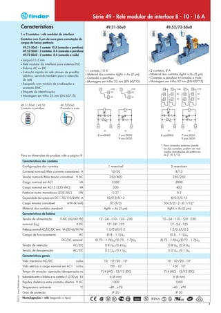Série 49 - Relé modular de interface 8 - 10 - 16 A
                            Características                                                             49.31-50x0                               49.52/72-50x0
                            1 e 2 contatos - relé modular de interface
                            Contatos com 5 µm de ouro para comutação de
                            cargas de baixa potência
                                49.31-50x0 - 1 contato 10 A (conexão a parafuso)
                                49.52-50x0 - 2 contatos 8 A (conexão a parafuso)
                                49.72-50x0 - 2 contatos 8 A (conexão a mola)
                            • Largura15.5 mm
                            • Relé modular de interface para sistemas PLC
                            • Bobina AC ou DC
                                                                                         • 1 contato, 10 A                          • 2 contatos, 8 A
                            • Extração rápida do relé através de presilha
                                                                                         • Material dos contatos AgNi + Au (5 µm)   • Material dos contatos AgNi + Au (5 µm)
                              plástica, servindo também para a retenção
                                                                                         • Conexão a parafuso                       • Conexão a parafuso e conexão a mola
                              do relé
                                                                                         • Montagem em trilho 35 mm (EN 60715)      • Montagem em trilho 35 mm (EN 60715)
                            • Equipado com módulo de sinalização e
                              proteção EMC
                            • Etiqueta de identificação
                            • Montagem em trilho 35 mm (EN 60715)



                            49.31-50x0 / 49.52                   49.72-50x0
                            Conexão a parafuso                   Conexão a mola




                                                                                                  8.xxx0060         7.xxx.0050              8.xxx0060           7.xxx.0050
                                                                                                                    9.xxx.0050                                  9.xxx.0050

                                                                                                                                             * Para conexões externas parale
                                                                                                                                               las dos contatos, podem ser real
                                                                                                                                               izadas comutações de potências
                            Para as dimensões do produto vide a página 8                                                                       de [1 (0.1/1)].

                                Características dos contatos
                                Configurações dos contatos                                               1 reversível                                2 reversíveis
                                Corrente nominal/Máx corrente instantânea A                                   10/20                                      8/15
                                Tensão nominal/Máx tensão comutável            V AC                       250/400                                     250/250
                                Carga nominal em AC1                              VA                          2500                                       2000
                                Carga nominal em AC15 (230 VAC)                   VA                          500                                         400
                                Potência motor monofásico (230 VAC)              kW                           0.37                                        0.3
                                Capacidade de ruptura em DC1: 30/110/220V A                             10/0.3/0.12                                  8/0.3/0.12
                                Carga mínima comutável                 mW (V/mA)                          50 (5/2)                             50 (5/2) - [1 (0.1/1)]*
                                Material dos contatos standard                                        AgNi + Au (5 µm)                            AgNi + Au (5 µm)
                                Características da bobina
                                Tensão de alimentação            V AC (50/60 Hz)                  12 - 24 - 110 - 120 - 230                  12 - 24 - 110 - 120 - 230
                                nominal (UN)                                   V DC                     12 - 24 - 125                               12 - 24 - 125
                                Potência nominal AC/DC/DC sens. VA (50 Hz)/W/W                          1.2/0.65/0.5                                1.2/0.65/0.5
                                Campo de funcionamento                            AC                    (0.8…1.1)UN                                 (0.8…1.1)UN
                                                                  DC/DC sensível                (0.73…1.5)UN/(0.73…1.7)UN                   (0.73…1.5)UN/(0.73…1.7)UN
                                Tensão de retenção                           AC/DC                     0.8 UN /0.4 UN                              0.8 UN /0.4 UN
                                Tensão de desoperação                        AC/DC                     0.2 UN /0.1 UN                              0.2 UN /0.1 UN
                                Características gerais
                                Vida mecânica AC/DC                            ciclos                 10 · 106/20 · 106                           10 · 106/20 · 106
                                                                                                                      3
                                Vida elétrica a carga nominal em AC1           ciclos                     150 · 10                                    150 · 103
                                Tempo de atuação: operação/desoperação ms                           7/4 (AC) - 12/12 (DC)                      7/4 (AC) - 12/12 (DC)
I-2013, www.findernet.com




                                Isolamento entre a bobina e os contatos (1.2/50 µs) kV                    6 (8 mm)                                     6 (8 mm)
                                Rigidez dielétrica entre contatos abertos V AC                                1000                                       1000
                                Temperatura ambiente                               °C                     –40…+70                                     –40…+70
                                Grau de proteção                                                              IP 20                                      IP 20
                                Homologações - relé (segundo o tipo)

                                                                                                                                                                                  1
 