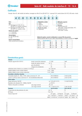 Série 4C - Relé modular de interface 8 - 10 - 16 A

                            Codificação
                            Exemplo: Série 4C, relé modular de interface, montagem em trilho 35 mm (EN 60715), 1 reversível 16 A, tensão bobina 24 V DC, LED verde + diodo.

                                                                                                       A          B             C      D

                                           4 C . 0                1 . 9 . 0 2 4 . 0                               0             5      0
                             Série                                                     A: Material dos contatos                        D: Utilizações especiais
                             Tipo                                                      0 = AgNi                                        0 = Standard
                             0 = Montagem em trilho 35 mm                              4 = AgSnO2                                      C: Variantes
                                  (EN 60715), conexão a parafuso                       5 = AgNi + Au (5 µm)                            5 = Standard para DC:
                             5 = Montagem em trilho 35 mm                              B: Versão do contato                                LED verde + diodo (polaridade +A1)
                                  (EN 60715), conexão a mola                           0 = Reversível                                  6 = Standard para AC:
                             Número de contatos                                                                                            LED verde + varistor
                             1 = 1 reversível
                             2 = 2 reversíveis
                             Versão bobina
                             8 = AC (50/60 Hz)                                          Seleção de opções: somente combinações na mesma fila são possíveis.
                             9 = DC                                                     Preferencialmente selecione para melhor disponibilidade os números mostrados em negrito.
                             Tensão nominal bobina
                             Vide características da bobina                              Tipo        Versão bobina A                   B           C            D
                                                                                         4C.02       AC                0-5             0           6            0
                                                                                         4C.52       DC                0-5             0           5            0
                                                                                         4C.01       AC                0-4-5           0           6            0
                                                                                         4C.51       DC                0-4-5           0           5            0




                            Características gerais
                            Isolação
                            Isolação segundo EN 61810-1                    tensão nominal de isolamento               V 250                               440
                                                                           tensão de impulso nominal              kV 4                                    4
                                                                           grau de poluição                               3                               2
                                                                           categoria de sobretensão                       III                             III
                            Isolamento entre a bobina e os contatos (1.2/50 µs)                                   kV 6 (8 mm)
                            Rigidez dielétrica entre contatos abertos                                         V AC 1000
                            Rigidez dielétrica entre contatos adjacentes                                      V AC 2000
                            Imunidade a distúrbios induzidos
                            Transientes rápidos (5...50)ns, 5 kHz, sobre os terminais A1 - A2                             EN 61000-4-4                    nível 4 (4 kV)
                            Surtos (1.2/50 µs) sobre os terminais A1 - A2 (modalidade diferencial)                        EN 61000-4-5                    nível 3 (2 kV)
                            Outros dados
                            Tempo de bounce: NA/NF                                                                ms 2/6 (4C.01/51)                       1/4 (4C.02/52)
                            Resistência da vibração (10…150)Hz: NA/NF                                                 g 20/12
                            Potência dissipada no ambiente                 sem carga nominal                      W 0.6
                                                                           com carga nominal                      W 1.6 (4C.01/51)                        2 (4C.02/52)
                            Terminais                                                                                     4C.01/4C.02                     4C.51/4C.52
                            Comprimento de desnudamento do cabo                                                   mm 8                                    8
                               Torque                                                                             Nm 0.8                                  —
                            Secção disponível                                                                             fio rígido       fio flexível   fio rígido       fio flexível
                                                                                                                      2
                                                                                                                  mm      1x6/2x2.5        1x4/2x2.5      2x(0.2...1.5) 2x(0.2...1.5)
                                                                                                              AWG 1x10/2x14 1x12/2x14 2x(24...18)                          2x(24...18)
I-2013, www.findernet.com




                                                                                                                                                                                          3
 