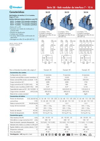 Série 58 - Relé modular de interface 7 - 10 A
                            Características                                                           58.32                          58.33                          58.34
                            Relé Modular de interface 2, 3 e 4 contatos,
                            largura 27 mm.
                            Interface ideal para sistemas eletrônicos e para PLC.
                                58.32 - 2 contatos 10 A (conexão a parafuso)
                                58.33 - 3 contatos 10 A (conexão a parafuso)
                                58.34 - 4 contatos 7 A (conexão a parafuso)
                            • Bobina AC ou DC
                            • Equipado com módulo de sinalização e
                              proteção EMC
                                                                                         •2  contatos, 10 A              • 3 contatos, 10 A             • 4 contatos, 7 A
                            • Etiqueta de identificação
                                                                                         • Conexão  a parafuso           • Conexão  a parafuso          • Conexão  a parafuso
                            • Contatos sem Cádmio
                                                                                         • Montagem em trilho 35 mm      • Montagem em trilho 35 mm     • Montagem em trilho 35 mm
                            • UL Listing: determinadas combinações de
                                                                                           (EN 60715)                      (EN 60715)                     (EN 60715)
                              relés/bases
                            • Montagem em trilho 35 mm (EN 60715)



                            58.32 / 58.33 / 58.34
                            Conexão a parafuso




                            Para as dimensões do produto vide a página 5                           Exemplo: AC                    Exemplo: DC                    Exemplo: AC

                                Características dos contatos
                                Configurações dos contatos                                         2 reversíveis                  3 reversíveis                  4 reversíveis
                                Corrente nominal/Máx corrente instantânea A                           10/20                           10/20                          7/15
                                Tensão nominal/Máx tensão comutável            V AC                  250/400                         250/400                       250/250
                                Carga nominal em AC1                              VA                   2500                           2500                           1750
                                Carga nominal em AC15 (230 V AC)                  VA                   500                            500                            350
                                Potência motor monofásico (230 V AC)             kW                    0.37                           0.37                          0.125
                                Capacidade de ruptura em DC1: 30/110/220V A                       10/0.25/0.12                   10/0.25/0.12                    7/0.25/0.12
                                Carga mínima comutável                 mW (V/mA)                    300 (5/5)                      300 (5/5)                      300 (5/5)
                                Material dos contatos standard                                         AgNi                           AgNi                           AgNi
                                Características da bobina
                                Tensão de alimentação            V AC (50/60 Hz) 12 - 24 - 48 - 110 - 120 - 230 12 - 24 - 48 - 110 - 120 - 230 12 - 24 - 48 - 110 - 120 - 230
                                nominal (UN)                                   V DC           12 - 24 - 48 - 110 - 125       12 - 24 - 48 - 110 - 125       12 - 24 - 48 - 110 - 125
                                Potência nominal AC/DC               VA (50 Hz)/W                     1.5/1                           1.5/1                         1.5/1
                                Campo de funcionamento                            AC               (0.8…1.1)UN                    (0.8…1.1)UN                    (0.8…1.1)UN
                                                                                  DC               (0.8…1.1)UN                    (0.8…1.1)UN                    (0.8…1.1)UN
                                Tensão de retenção                           AC/DC                0.8 UN/0.5 UN                  0.8 UN/0.5 UN                  0.8 UN/0.5 UN
                                Tensão de desoperação                        AC/DC                0.2 UN/0.1 UN                  0.2 UN/0.1 UN                  0.2 UN/0.1 UN
                                Características gerais
                                Vida mecânica AC/DC                            ciclos            20 · 106/50 · 106              20 · 106/50 · 106              20 · 106/50 · 106
                                Vida elétrica a carga nominal em AC1           ciclos                200 · 103                      200 · 103                      150 · 103
                                Tempo de atuação: operação/desoperação            ms          10/5 (AC) - 10/15 (DC)         10/5 (AC) - 10/15 (DC)         11/3 (AC) - 11/15 (DC)
I-2013, www.findernet.com




                                Isolamento entre a bobina e os contatos (1.2/50 µs) kV                  3.6                            3.6                            3.6
                                Rigidez dielétrica entre contatos abertos V AC                         1000                           1000                           1000
                                Temperatura ambiente                               °C               –40…+70                        –40…+70                        –40…+70
                                Grau de proteção                                                       IP 20                          IP 20                          IP 20
                                Homologações - relé (segundo o tipo)
                                                                                                                                                                                       1
 