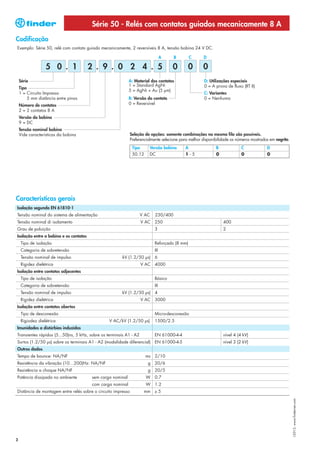 Série 50 - Relés com contatos guiados mecanicamente 8 A
Codificação
Exemplo: Série 50, relé com contato guiado mecanicamente, 2 reversíveis 8 A, tensão bobina 24 V DC.

                                                                                  A   B        C      D

                  5 0 . 1               2 . 9 . 0 2 4 . 5                             0       0       0
    Série                                                   A: Material dos contatos                  D: Utilizações especiais
                                                            1 = Standard AgNi                         0 = A prova de fluxo (RT II)
    Tipo
                                                            5 = AgNi + Au (5 μm)
    1 = Circuito Impresso                                                                             C: Variantes
         5 mm distância entre pinos                         B: Versão do contato                      0 = Nenhuma
    Número de contatos                                      0 = Reversível
    2 = 2 contatos 8 A
    Versão da bobina
    9 = DC
    Tensão nominal bobina
    Vide características da bobina                            Seleção de opções: somente combinações na mesma fila são possíveis.
                                                              Preferencialmente selecione para melhor disponibilidade os números mostrados em negrito.
                                                               Tipo     Versão bobina       A                B             C             D
                                                               50.12    DC                  1-5              0             0             0




Características gerais
Isolação segundo EN 61810-1
Tensão nominal do sistema de alimentação                            V AC    230/400
Tensão nominal di isolamento                                        V AC    250                                  400
Grau de poluição                                                            3                                    2
Isolação entre a bobina e os contatos
    Tipo de isolação                                                        Reforçado (8 mm)
    Categoria de sobretensão                                                III
    Tensão nominal de impulso                          kV (1.2/50 μs)       6
    Rigidez dielétrica                                              V AC    4000
Isolação entre contatos adjacentes
    Tipo de isolação                                                        Básico
    Categoria de sobretensão                                                III
    Tensão nominal de impulso                          kV (1.2/50 μs)       4
    Rigidez dielétrica                                              V AC    3000
Isolação entre contatos abertos
    Tipo de desconexão                                                      Micro-desconexão
    Rigiodez dielétrica                         V AC/kV (1.2/50 μs)         1500/2.5
Imunidades a distúrbios induzidos
Transientes rápidos (5...50)ns, 5 kHz, sobre os terminais A1 - A2           EN 61000-4-4                         nível 4 (4 kV)
Surtos (1.2/50 μs) sobre os terminais A1 - A2 (modalidade diferencial)      EN 61000-4-5                         nível 3 (2 kV)
Outros dados
Tempo de bounce: NA/NF                                                 ms   2/10
Resistência da vibração (10…200)Hz: NA/NF                               g   20/6
Resistência a choque NA/NF                                              g   20/5
Potência dissipada no ambiente          sem carga nominal              W    0.7
                                        com carga nominal              W    1.2
Distância de montagem entre relés sobre o circuito impresso          mm     ≥5
                                                                                                                                                         I-2013, www.findernet.com




2
 