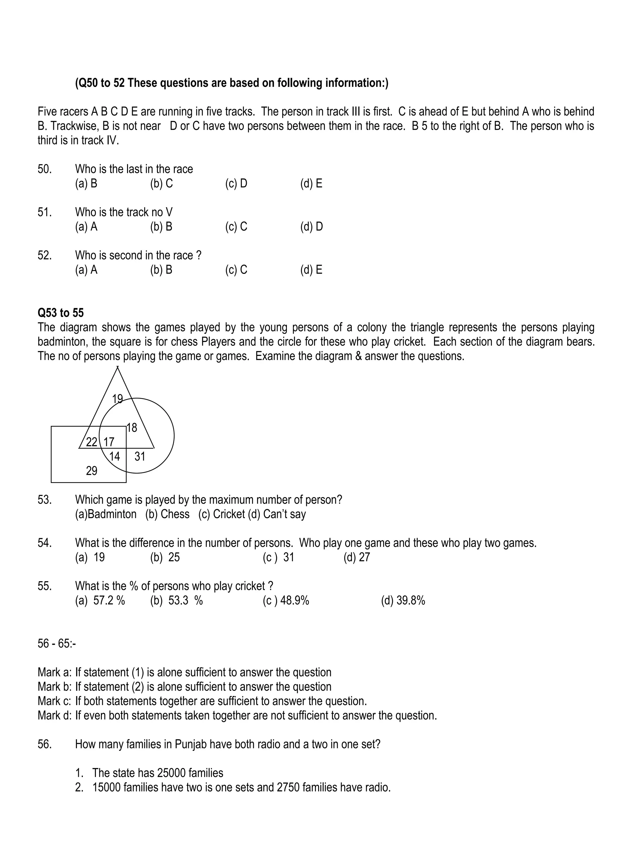 (Q50 to 52 These questions are based on following information:)

Five racers A B C D E are running in five tracks. The person in track III is first. C is ahead of E but behind A who is behind
B. Trackwise, B is not near D or C have two persons between them in the race. B 5 to the right of B. The person who is
third is in track IV.

50.     Who is the last in the race
        (a) B            (b) C            (c) D            (d) E

51.     Who is the track no V
        (a) A            (b) B            (c) C            (d) D

52.     Who is second in the race ?
        (a) A          (b) B              (c) C            (d) E


Q53 to 55
The diagram shows the games played by the young persons of a colony the triangle represents the persons playing
badminton, the square is for chess Players and the circle for these who play cricket. Each section of the diagram bears.
The no of persons playing the game or games. Examine the diagram & answer the questions.


                19

                     18
            22 17
                14    31
            29

53.     Which game is played by the maximum number of person?
        (a)Badminton (b) Chess (c) Cricket (d) Can’t say

54.     What is the difference in the number of persons. Who play one game and these who play two games.
        (a) 19           (b) 25                   (c ) 31         (d) 27

55.     What is the % of persons who play cricket ?
        (a) 57.2 %      (b) 53.3 %              (c ) 48.9%                   (d) 39.8%


56 - 65:-

Mark a: If statement (1) is alone sufficient to answer the question
Mark b: If statement (2) is alone sufficient to answer the question
Mark c: If both statements together are sufficient to answer the question.
Mark d: If even both statements taken together are not sufficient to answer the question.

56.     How many families in Punjab have both radio and a two in one set?

        1. The state has 25000 families
        2. 15000 families have two is one sets and 2750 families have radio.
 