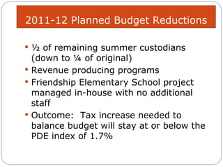 2011-12 Planned Budget Reductions ½ of remaining summer custodians (down to ¼ of original) Revenue producing programs Friendship Elementary School project managed in-house with no additional staff Outcome:  Tax increase needed to balance budget will stay at or below the PDE index of 1.7% 