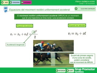 FÍSICA I QUÍMICA 4t ESO
Unitat 1: El moviment
SURT
INICI
ANTERIOR
Equacions del moviment rectilini uniformement accelerat
ESQUEMA INTERNET
CLIC PARA CONTINUAR
El moviment rectilini uniformement accelerat (MRUA) és un moviment
que té una trajectòria en línia recta i una acceleració constant.
Equació de posició Equació de velocitat
Acceleració tangencial
Durant els primers segons
d’una cursa de cavalls,
podem considerar
que el moviment és MRUA.
CLICA PER CONTINUAR
 