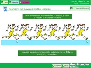 FÍSICA I QUÍMICA 4t ESO
Unitat 1: El moviment
SURT
INICI
ANTERIOR
Equacions del moviment rectilini uniforme
ESQUEMA INTERNET
CLIC PARA CONTINUAR
X0 Xf
L’equació que determina la posició a cada instant en un MRU és:
xf
= x0
+ vt
; v = constant.
És un moviment en el qual el mòdul, la direcció, el sentit
i la velocitat es mantenen constants.
CLICA PER CONTINUAR
 