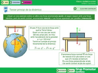 FÍSICA I QUÍMICA 4t ESO
Unitat 2: Les forces
INICI
SURTANTERIOR
Tercer principi de la dinàmica
ESQUEMA INTERNET
CLIC PARA CONTINUAR
«Quan un cos exerceix sobre un altre una força anomenada acció, el segon respon amb una força
idèntica, però de sentit contrari, anomenada reacció.» Les forces apareixen per parelles (interacció).
- P
→
P
→
P
→
N
→El pes P d’un cos és la força amb
què la Terra l’atrau.
Quan un cos cau per acció
del seu propi pes, es mou
amb l’acceleració de la gravetat:
a = g = 9,8 m/s2.
Tenint en compte el principi
fonamental de la dinàmica:
F = m ⋅ a → P = m ⋅ g
→ → → →
CLICA PER CONTINUAR
P/2
→
P/2
→
S’anomena força normal N a la força
de reacció d’un pla sobre un cos
que s’hi recolza al damunt.
És una força perpendicular al pla
i de sentit contrari al pla de suport.
→
 