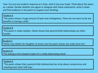 Task: Cut out one student response at a time, stick it into your book. Think about the poem
as a whole. Decide whether you agree or disagree with these statements, write it down
and find evidence in the poem to support your thinking.

Student A
‘This poem shows a huge amount of pain and unhappiness. There do not seem to be any
benefits in having a child.’

Student B
‘This poem is really realistic. Clarke shows that parent/child relationships are often
hostile.’

Student C
‘Clarke may dislike her daughter at times, but the poem shows she really loves her.’

Student D
‘The setting in the hospital makes for a really depressing mood.’


Student E
‘This poem shows that a parent/child relationship has to be about compromise and
meeting each other half way.’
 
