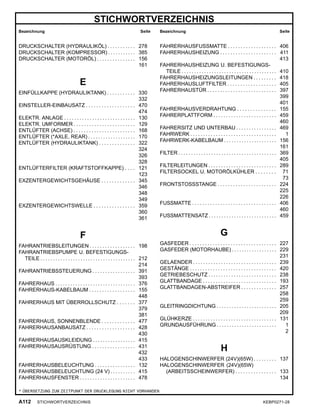 STICHWORTVERZEICHNIS
Bezeichnung Seite Bezeichnung Seite
DRUCKSCHALTER (HYDRAULIKÖL) . . . . . . . . . . . 278
DRUCKSCHALTER (KOMPRESSOR) . . . . . . . . . . . 385
DRUCKSCHALTER (MOTORÖL) . . . . . . . . . . . . . . . 156
161
E
EINFÜLLKAPPE (HYDRAULIKTANK) . . . . . . . . . . . 330
332
EINSTELLER-EINBAUSATZ . . . . . . . . . . . . . . . . . . . 470
474
ELEKTR. ANLAGE . . . . . . . . . . . . . . . . . . . . . . . . . . . . 130
ELEKTR. UMFORMER . . . . . . . . . . . . . . . . . . . . . . . . 129
ENTLÜFTER (ACHSE) . . . . . . . . . . . . . . . . . . . . . . . . 168
ENTLÜFTER (*AXLE, REAR) . . . . . . . . . . . . . . . . . . . 170
ENTLÜFTER (HYDRAULIKTANK) . . . . . . . . . . . . . . 322
324
326
328
ENTLÜFTERFILTER (KRAFTSTOFFKAPPE) . . . . 121
123
EXZENTERGEWICHTSGEHÄUSE . . . . . . . . . . . . . 345
346
348
349
EXZENTERGEWICHTSWELLE . . . . . . . . . . . . . . . . 359
360
361
F
FAHRANTRIEBSLEITUNGEN . . . . . . . . . . . . . . . . . . 198
FAHRANTRIEBSPUMPE U. BEFESTIGUNGS-
TEILE . . . . . . . . . . . . . . . . . . . . . . . . . . . . . . . . . . . . . . 212
214
FAHRANTRIEBSSTEUERUNG . . . . . . . . . . . . . . . . . 391
393
FAHRERHAUS . . . . . . . . . . . . . . . . . . . . . . . . . . . . . . . . 376
FAHRERHAUS-KABELBAUM . . . . . . . . . . . . . . . . . . 155
448
FAHRERHAUS MIT ÜBERROLLSCHUTZ . . . . . . . 377
379
381
FAHRERHAUS, SONNENBLENDE . . . . . . . . . . . . . 477
FAHRERHAUSANBAUSATZ . . . . . . . . . . . . . . . . . . . 428
430
FAHRERHAUSAUSKLEIDUNG . . . . . . . . . . . . . . . . . 415
FAHRERHAUSAUSRÜSTUNG . . . . . . . . . . . . . . . . . 431
432
433
FAHRERHAUSBELEUCHTUNG . . . . . . . . . . . . . . . . 132
FAHRERHAUSBELEUCHTUNG (24 V) . . . . . . . . . . 415
FAHRERHAUSFENSTER . . . . . . . . . . . . . . . . . . . . . . 478
FAHRERHAUSFUSSMATTE . . . . . . . . . . . . . . . . . . . 406
FAHRERHAUSHEIZUNG . . . . . . . . . . . . . . . . . . . . . . 411
413
FAHRERHAUSHEIZUNG U. BEFESTIGUNGS-
TEILE . . . . . . . . . . . . . . . . . . . . . . . . . . . . . . . . . . . . . . 410
FAHRERHAUSHEIZUNGSLEITUNGEN . . . . . . . . . 418
FAHRERHAUSLUFTFILTER . . . . . . . . . . . . . . . . . . . 405
FAHRERHAUSTÜR . . . . . . . . . . . . . . . . . . . . . . . . . . . 397
399
401
FAHRERHAUSVERDRAHTUNG . . . . . . . . . . . . . . . 155
FAHRERPLATTFORM . . . . . . . . . . . . . . . . . . . . . . . . . 459
460
FAHRERSITZ UND UNTERBAU . . . . . . . . . . . . . . . . 469
FAHRWERK . . . . . . . . . . . . . . . . . . . . . . . . . . . . . . . . . . 1
FAHRWERK-KABELBAUM . . . . . . . . . . . . . . . . . . . . . 156
161
FILTER . . . . . . . . . . . . . . . . . . . . . . . . . . . . . . . . . . . . . . . 369
405
FILTERLEITUNGEN . . . . . . . . . . . . . . . . . . . . . . . . . . . 289
FILTERSOCKEL U. MOTORÖLKÜHLER . . . . . . . . 71
73
FRONTSTOSSSTANGE . . . . . . . . . . . . . . . . . . . . . . . 224
225
226
FUSSMATTE . . . . . . . . . . . . . . . . . . . . . . . . . . . . . . . . . 406
460
FUSSMATTENSATZ . . . . . . . . . . . . . . . . . . . . . . . . . . . 459
G
GASFEDER . . . . . . . . . . . . . . . . . . . . . . . . . . . . . . . . . . 227
GASFEDER (MOTORHAUBE) . . . . . . . . . . . . . . . . . . 229
231
GELAENDER . . . . . . . . . . . . . . . . . . . . . . . . . . . . . . . . . 239
GESTÄNGE . . . . . . . . . . . . . . . . . . . . . . . . . . . . . . . . . . 420
GETRIEBESCHUTZ . . . . . . . . . . . . . . . . . . . . . . . . . . . 238
GLATTBANDAGE . . . . . . . . . . . . . . . . . . . . . . . . . . . . . 193
GLATTBANDAGEN-ABSTREIFER . . . . . . . . . . . . . . 257
258
259
GLEITRINGDICHTUNG . . . . . . . . . . . . . . . . . . . . . . . . 205
209
GLÜHKERZE . . . . . . . . . . . . . . . . . . . . . . . . . . . . . . . . . 131
GRUNDAUSFÜHRUNG . . . . . . . . . . . . . . . . . . . . . . . . 1
2
H
HALOGENSCHINWERFER (24V)(65W) . . . . . . . . . 137
HALOGENSCHINWERFER (24V)(65W)
(ARBEITSSCHEINWERFER) . . . . . . . . . . . . . . . . 133
134
* ÜBERSETZUNG ZUM ZEITPUNKT DER DRUCKLEGUNG NICHT VORHANDEN
A112 STICHWORTVERZEICHNIS KEBP0271-28
 